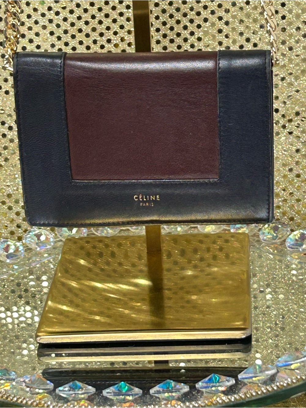 Celine Two-Tone Leather Crossbody - Burgundy & Navy with Gold Logo Approx. 6 x 6